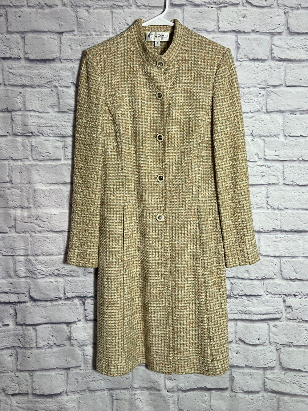 St. John Collection Beige Knit Tweed Long Jacket Coat SIZE 6 Made USA Vintage
